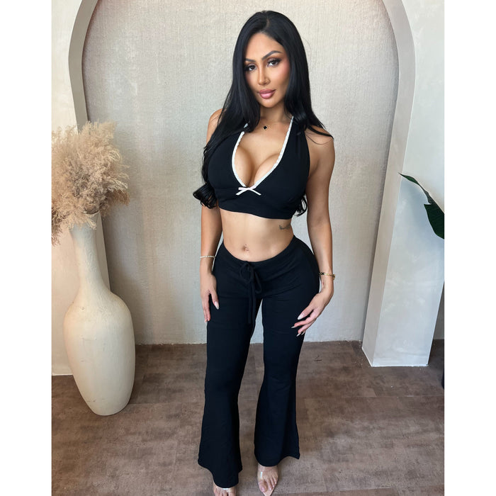 Betty Matching Pants Set W Bow Trim (Black)