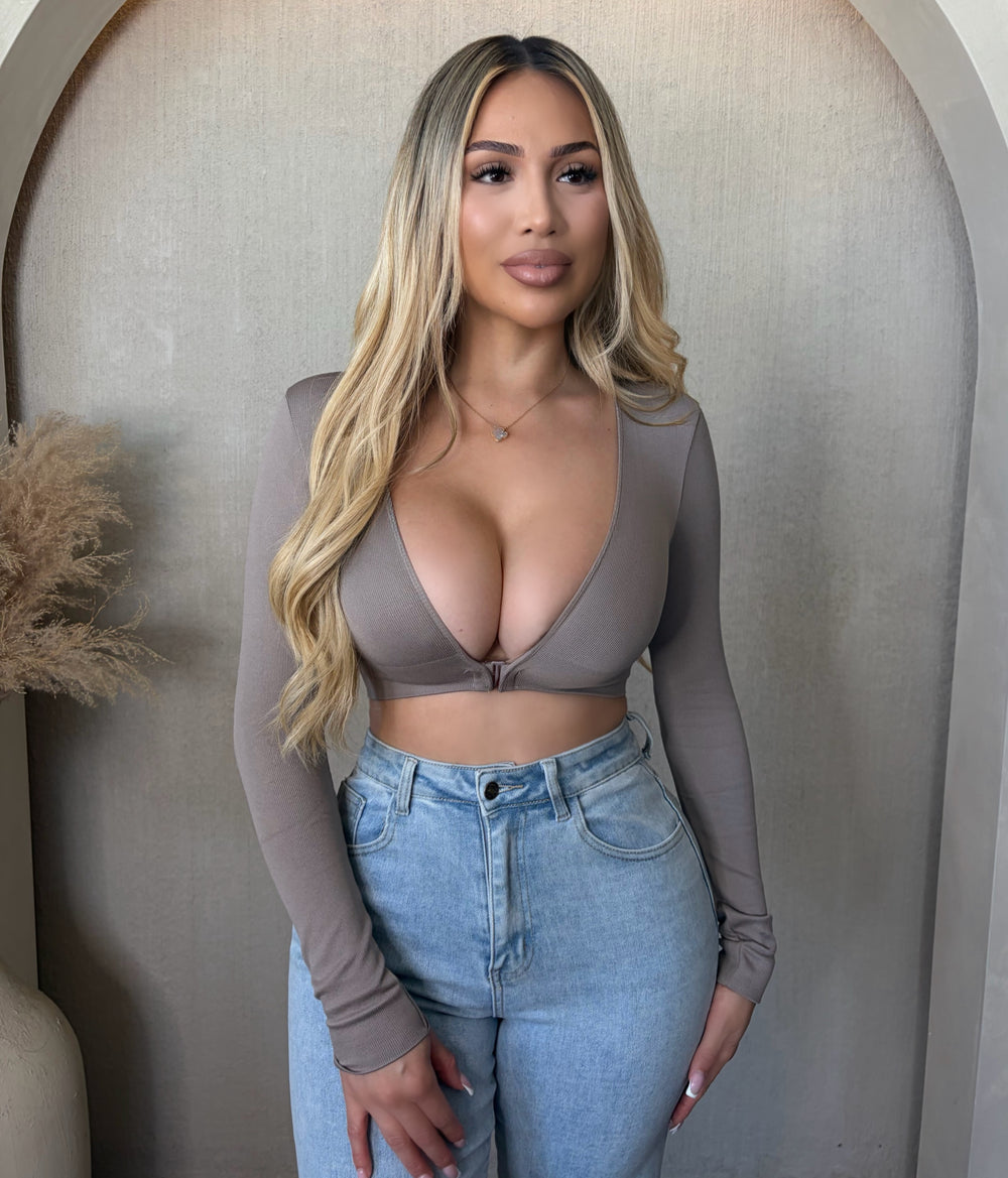 Veronica V neck Rib Long Sleeve Top (Ash)