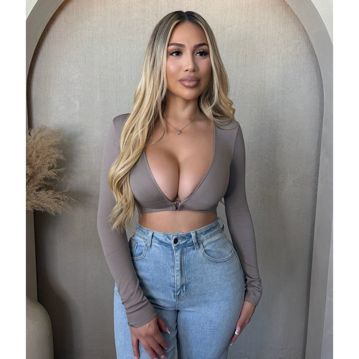 Veronica V neck Rib Long Sleeve Top (Ash)