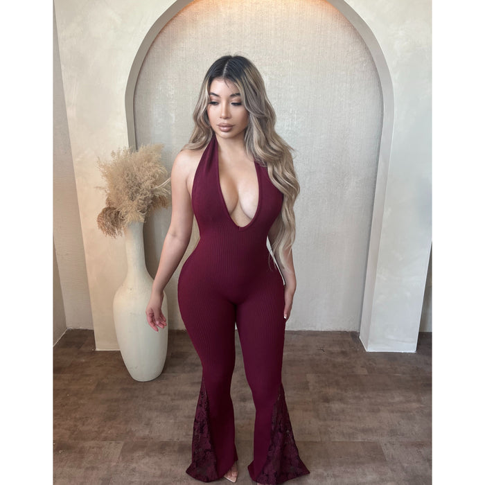 Ariana Floral Wide Leg Halter Neck Jumpsuit (Burgundy)