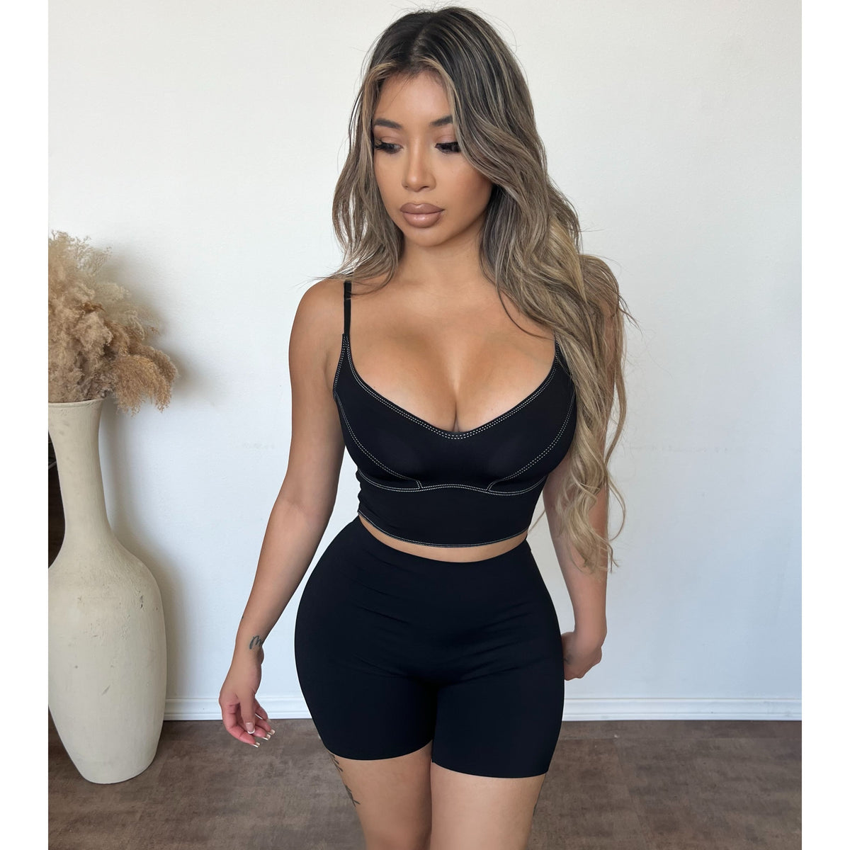 Stacy Stitch Print Detail V Neck Cami Top (Black)