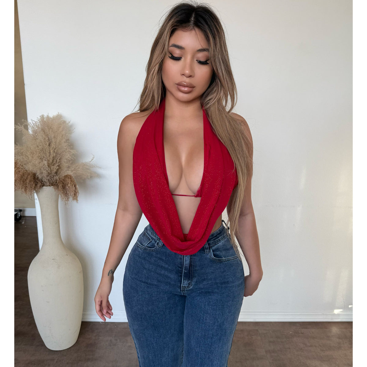 Lilly Halter Glitter Top (Red)