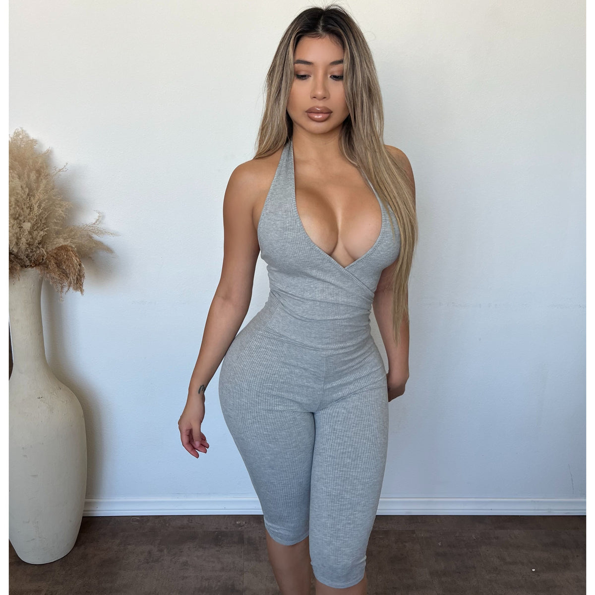 Serena Halter Neck Snatched Jumpsuit (H Grey)
