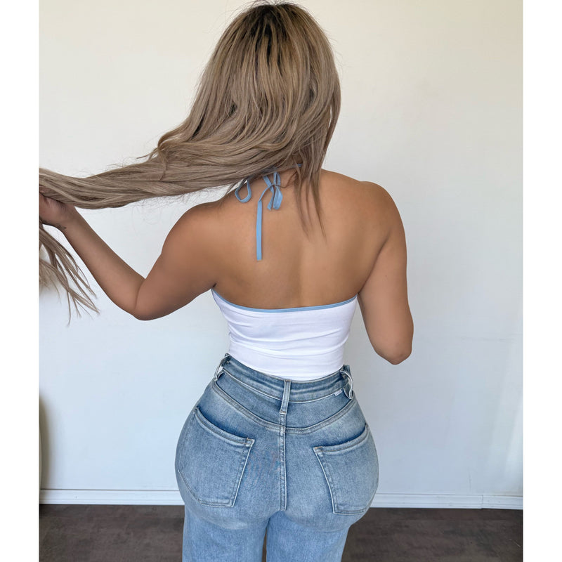 Lilah Halter Neck Binding Bodysuit (White/Blue)