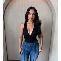 Stephanie Deep V Neck Bodysuit (Black)