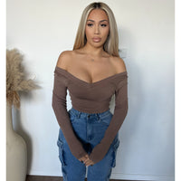 Makayla Deep V Neck Long Sleeve Top (Brownie)