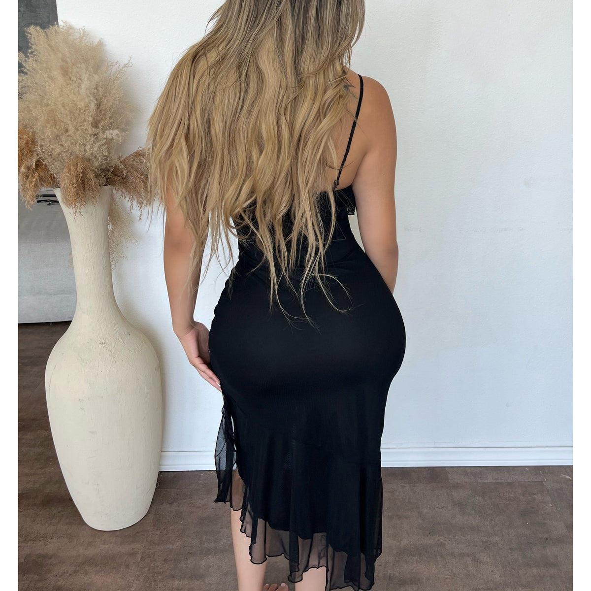 Anelia Mesh Side Slit Dress (Black)