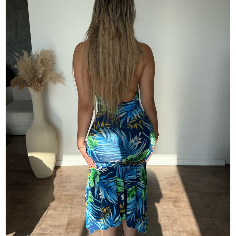 Emily Tropical Halter Neck Dress (Blue/Green)