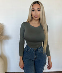 Sarah Round Neck Long Sleeve Top (DK Olive)