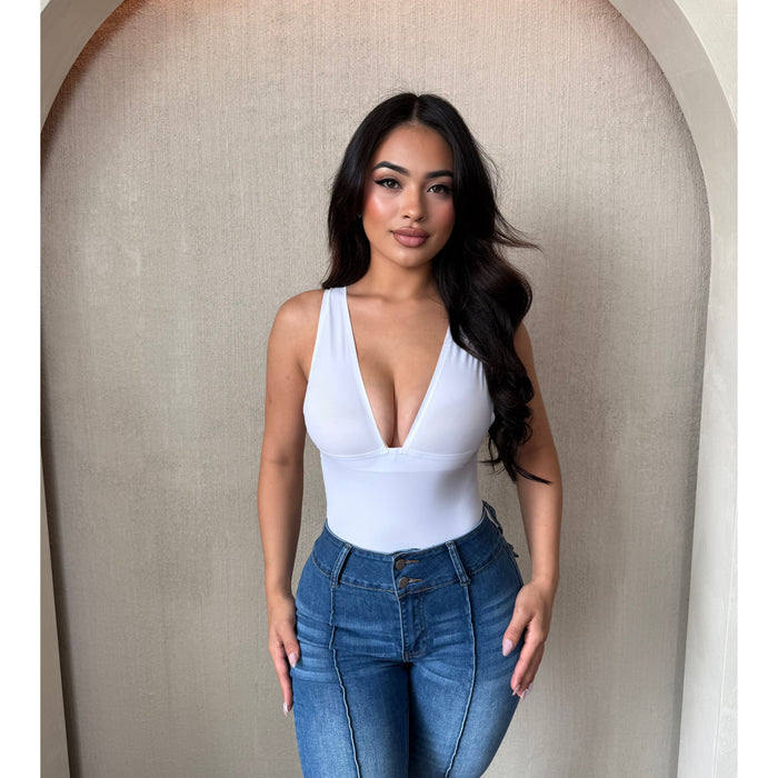 Stephanie Deep V Neck Bodysuit (White)