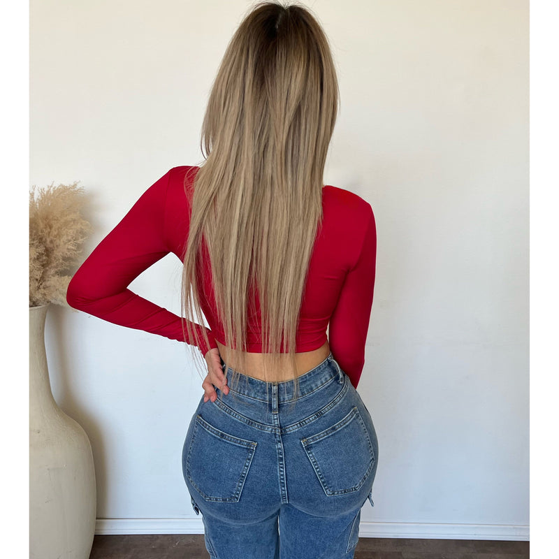 Ally Long Sleeve Square Neck Crop Top (Red)