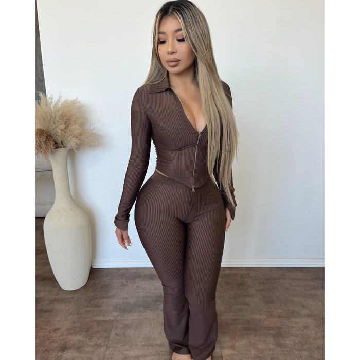 Zoey Pinstrip Flare Pants (Brown)