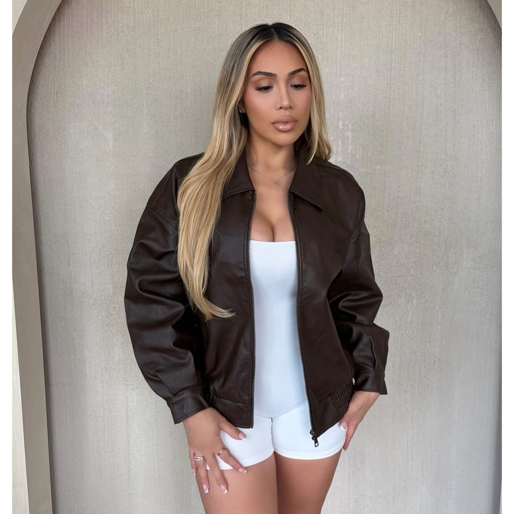 Nessa Leather Bomber Jacket(Dark Brown)
