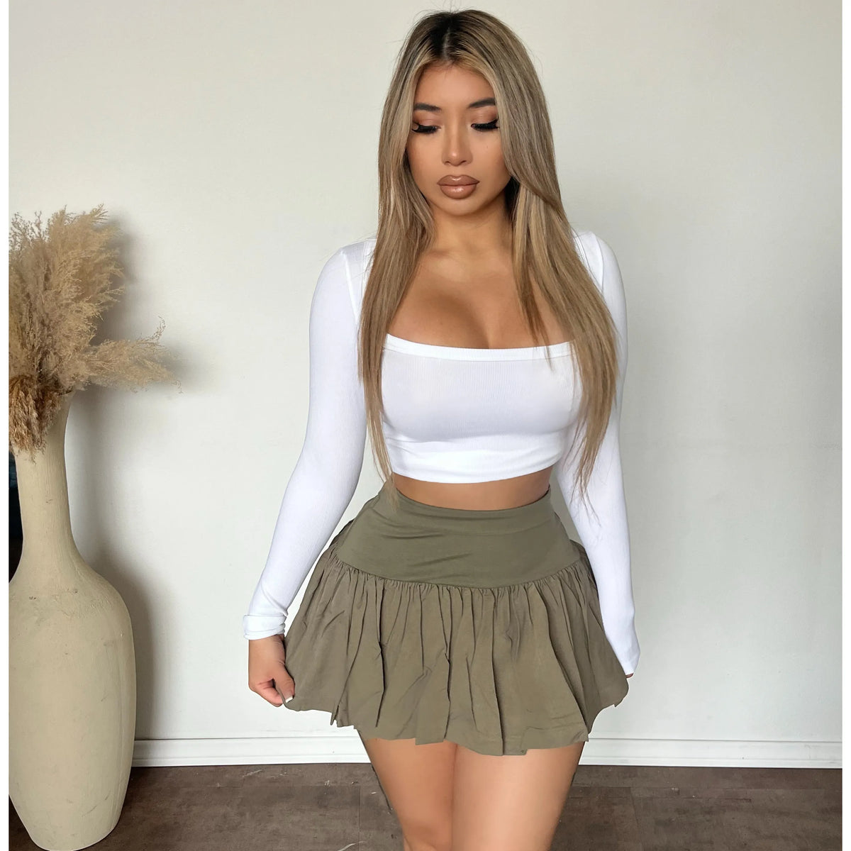 Kindle Waist Folded Mini Skirt (Olive)