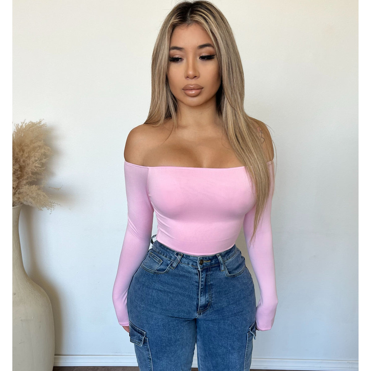 Elena Long Sleeve Off Shoulder Top (Light Pink)