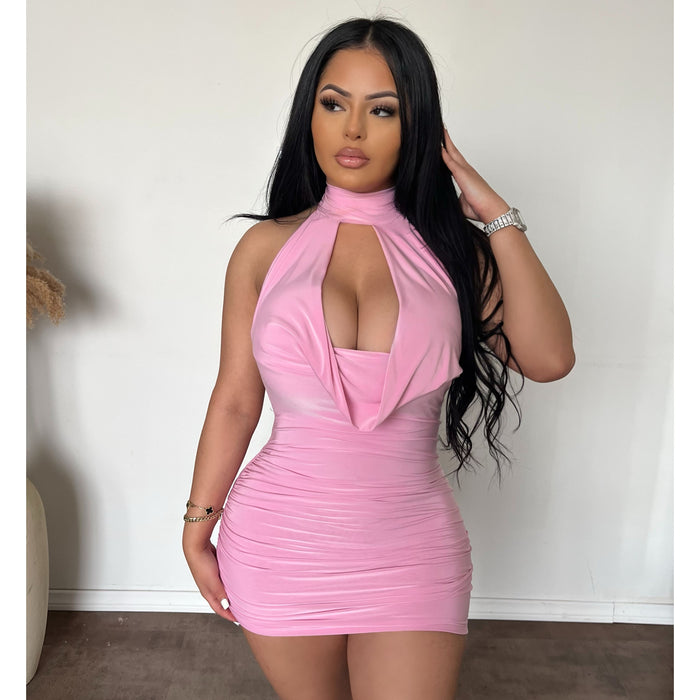Amber High Halter Neck Ruched Mini Dress (Pink)