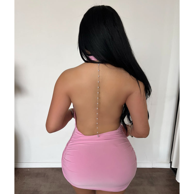 Amber High Halter Neck Ruched Mini Dress (Pink)