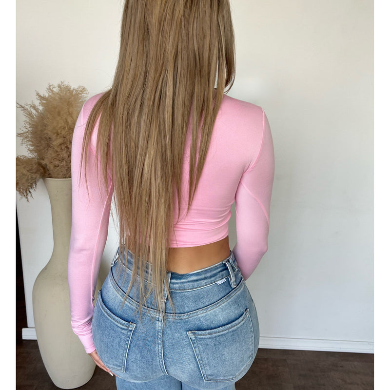 Rena Cropped Long Sleeve Round Neck Top (Baby Pink)