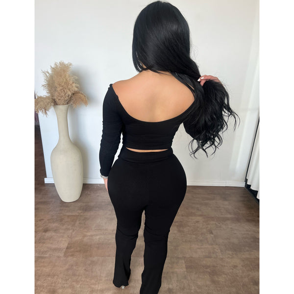 Denise Snatched Ribbed Scoop Neck Matching Set (Black)