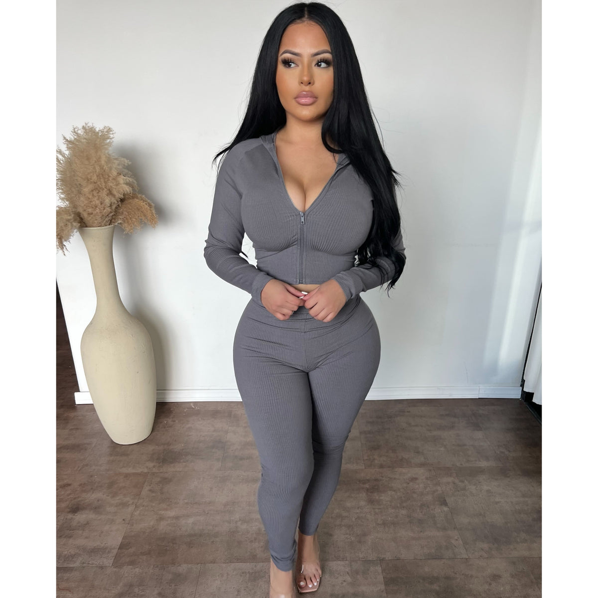 Bianca Snatched Zip Up Hoodie W Matching Leggings (Charcoal)