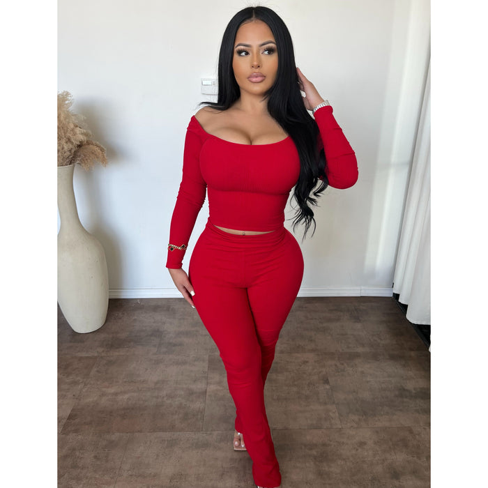 Denise Snatched Ribbed Scoop Neck Matching Set (Red)