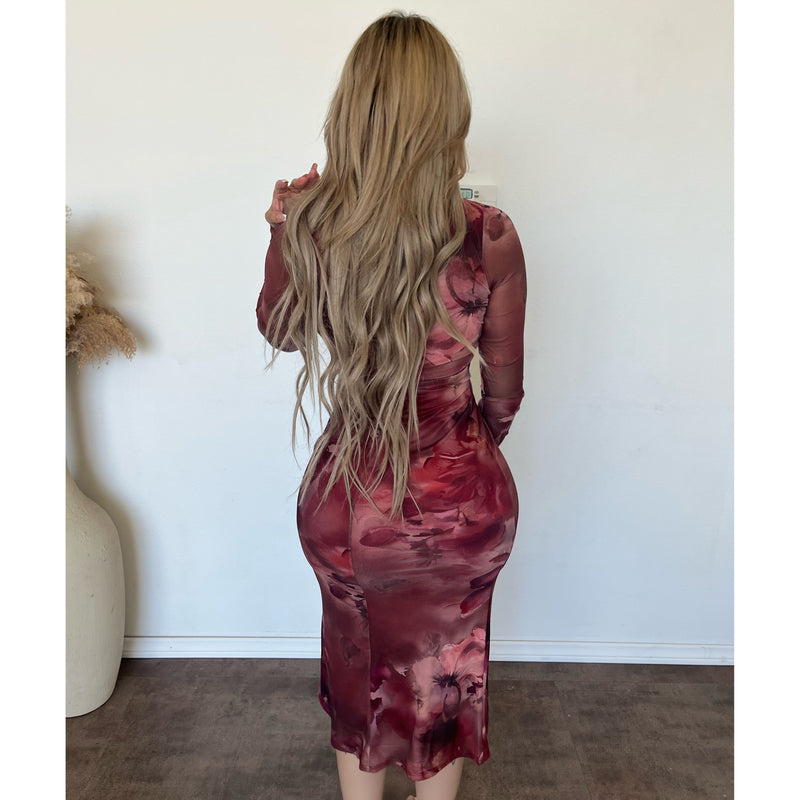 Helena Long Sleeve Midi Dress W Front Ring (Red Floaral)