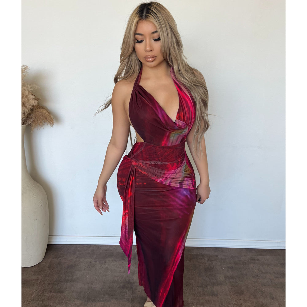 Diana Halter Neck Midi Mesh Dress (Red Combo)