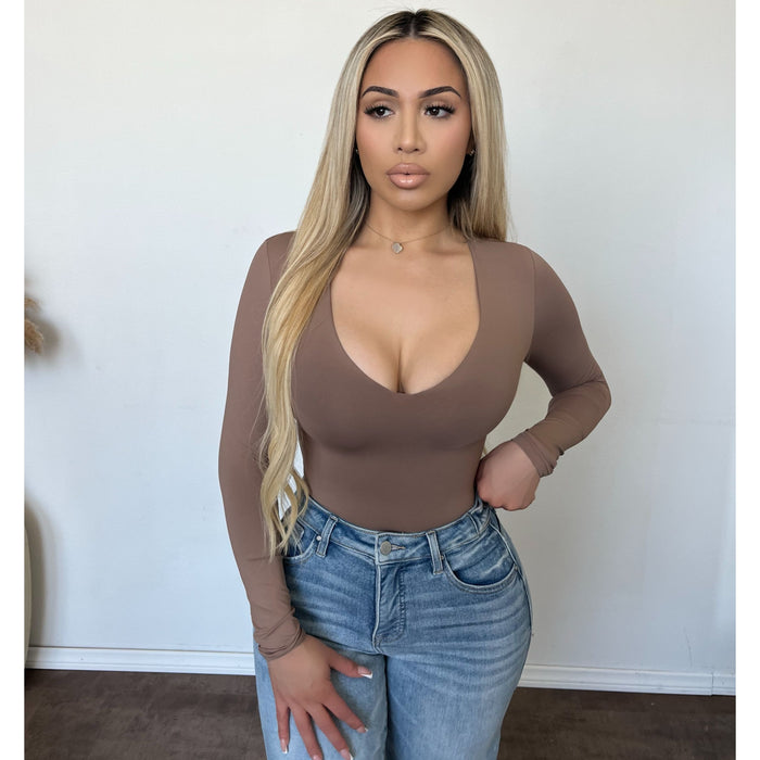 Gigi V Neck Long Sleeve Bodysuit (Mocha)