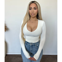 Gigi V Neck Long Sleeve Bodysuit (White)