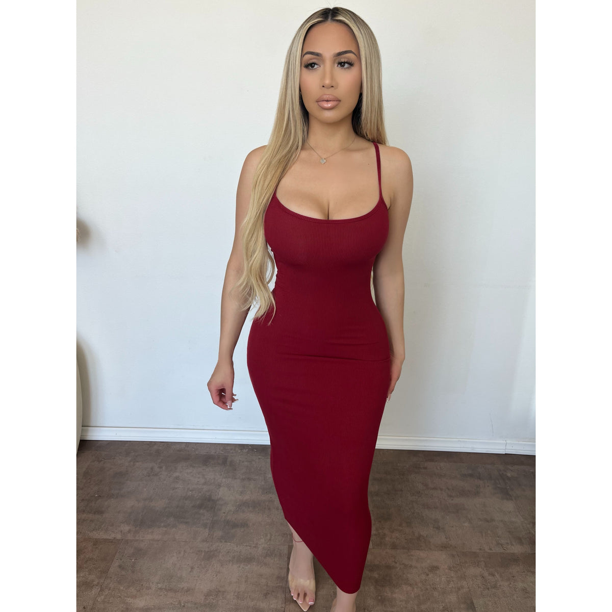 Crystal Snatched Ribbed Maxi Dress (Deep Cherry)