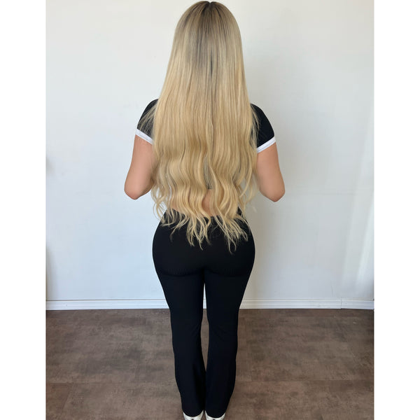 Anissa Ribbed Low Waisted Flare Pants (Black)