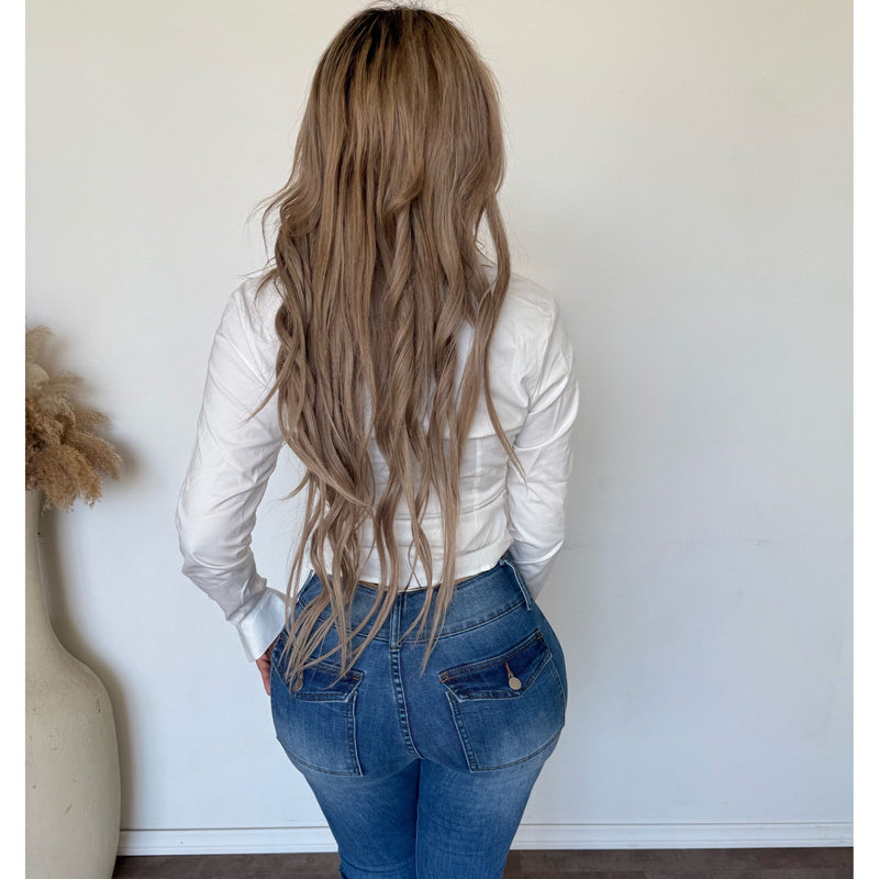 Kathy Side Shirring Stripe Shirts (White)