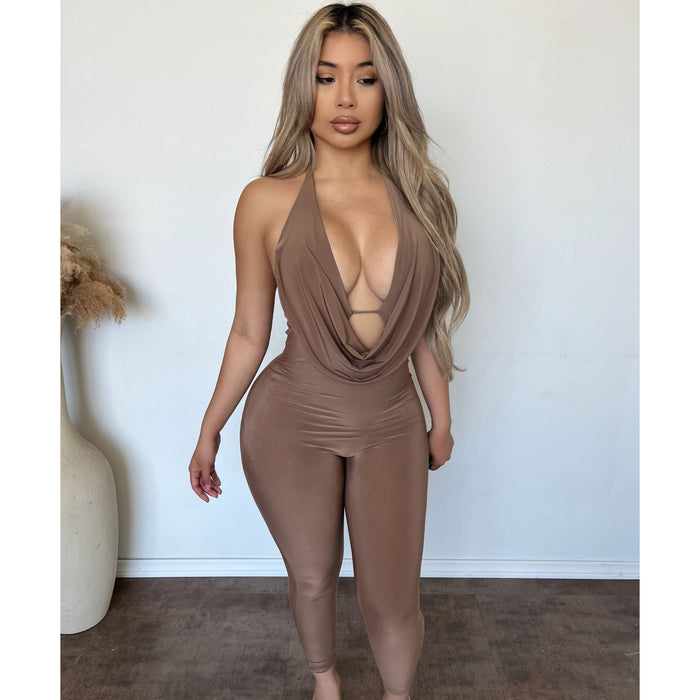 Jayleen sleeveless halter neck jumpsuit (Mocha)