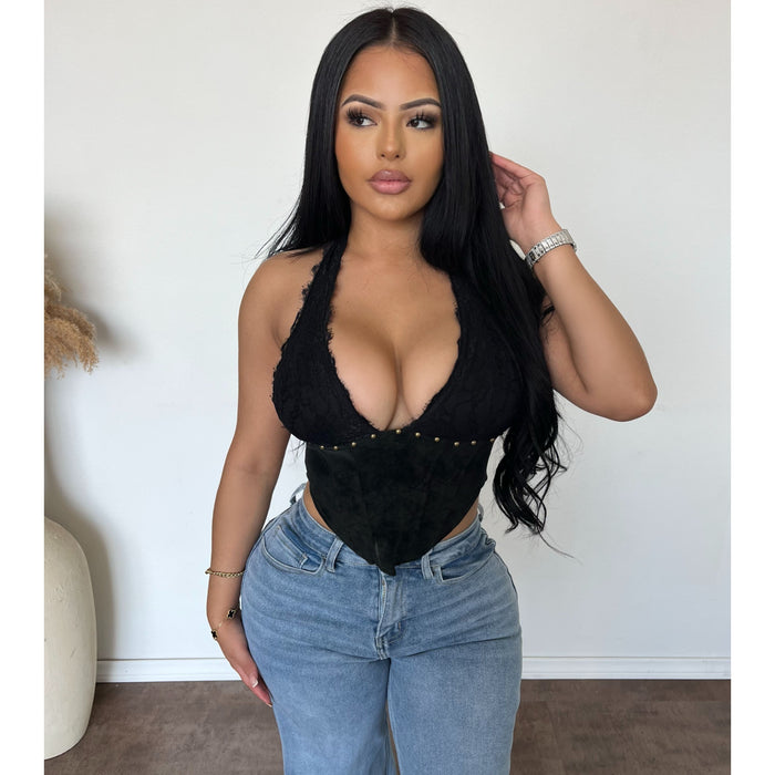 Tarisa Halter Lace Suede Top (Black)