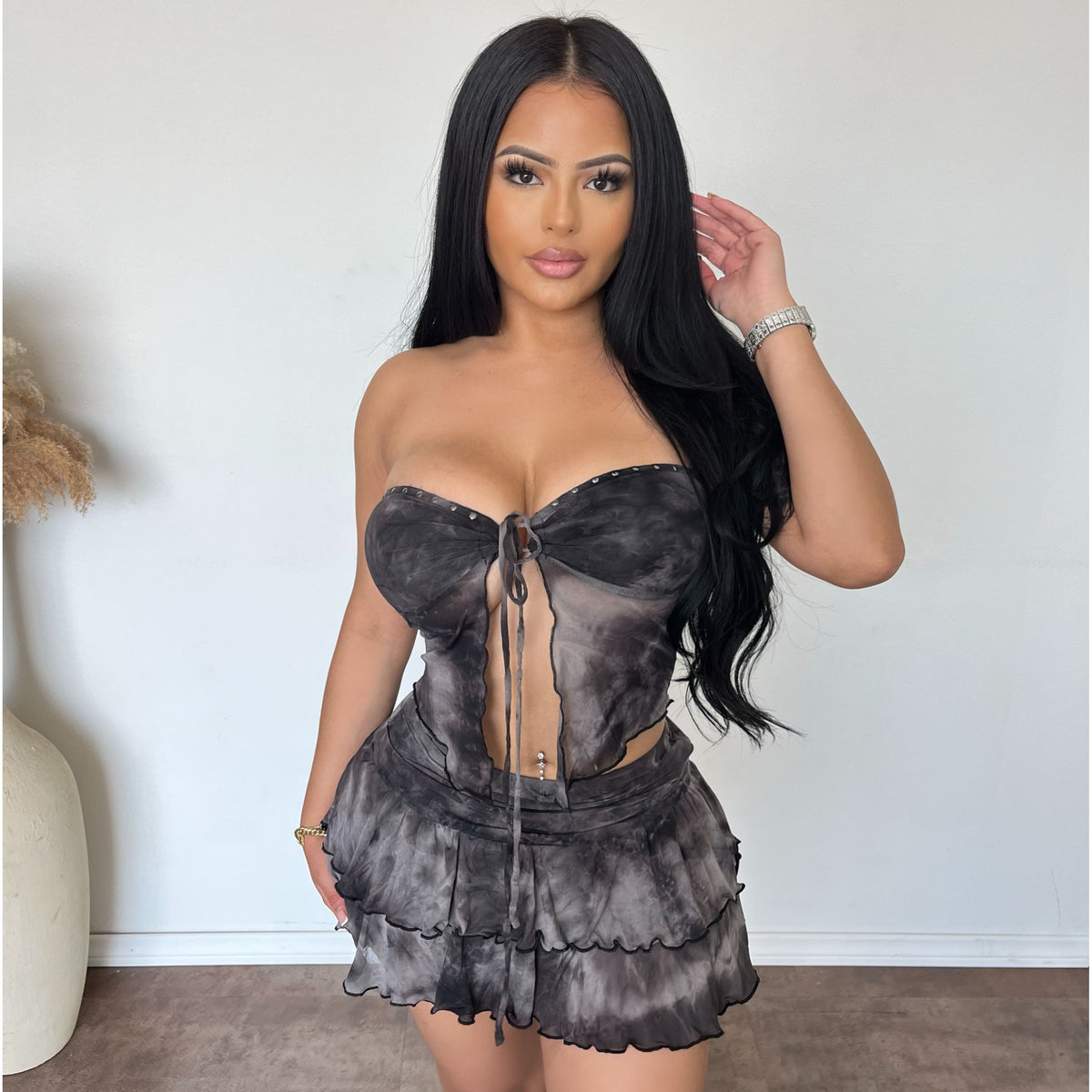 Velma Tie Tube Top & Mini Skirt Set (Black)