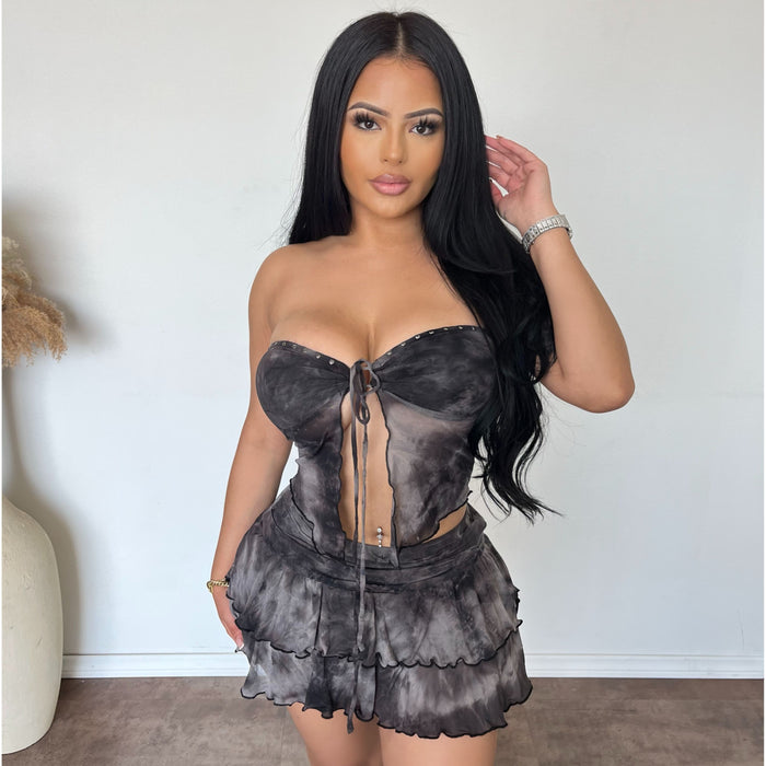 Velma Tie Tube Top & Mini Skirt Set (Black)