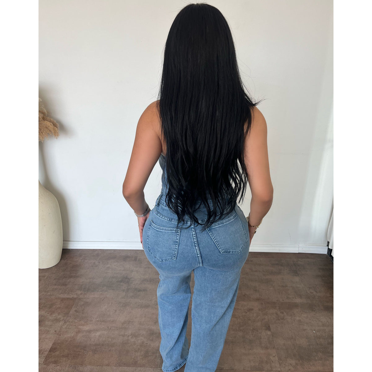 Linda Strapless Wide Leg Denim Jumpsuit (Lt Blue)