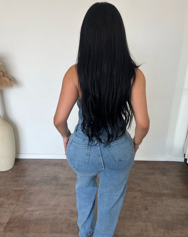 Linda Strapless Wide Leg Denim Jumpsuit (Lt Blue)