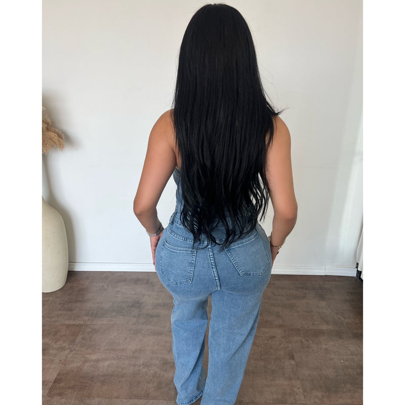 Linda Strapless Wide Leg Denim Jumpsuit (Lt Blue)