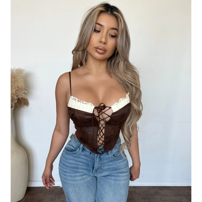 Serina Contrast Tie Front Suede Top (Chocolate)