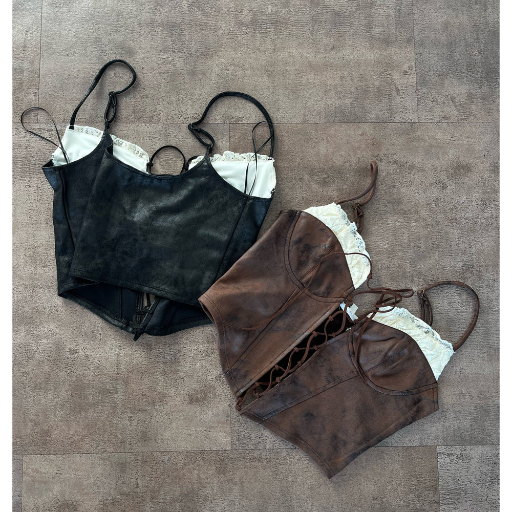 Serina Contrast Tie Front Suede Top (Black)