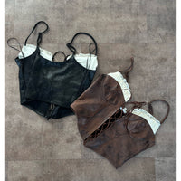 Serina Contrast Tie Front Suede Top (Black)