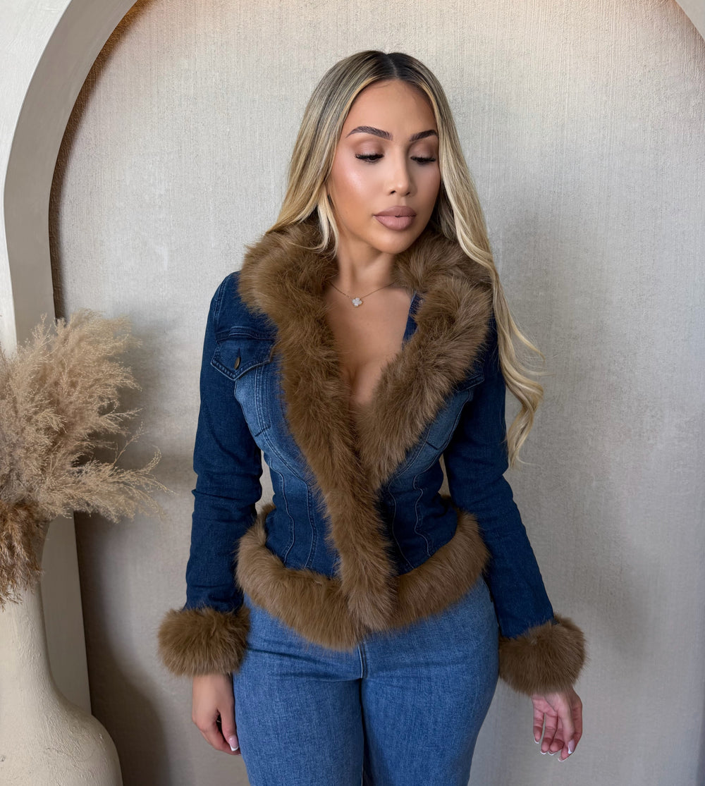 Ashley Denim Fur Trim Jacket (Denim)