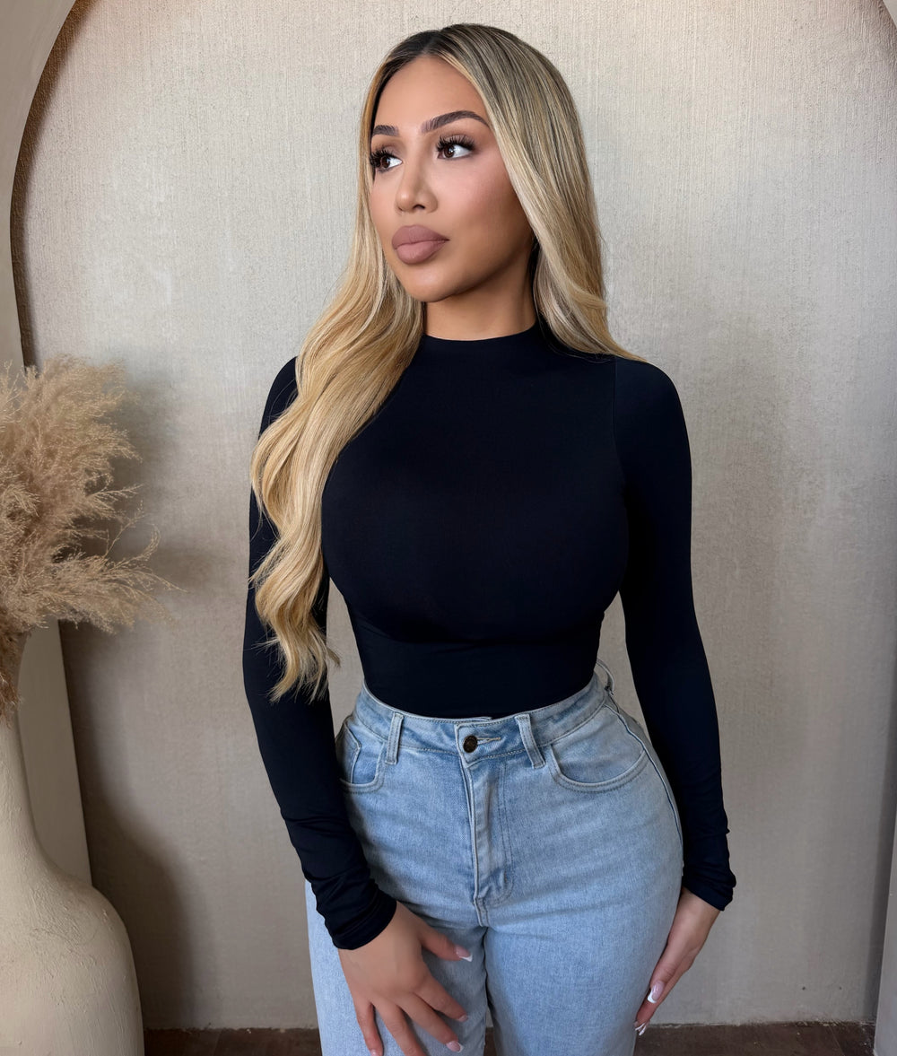 Ela Mock Neck Long Sleeve Bodysuit (Black)