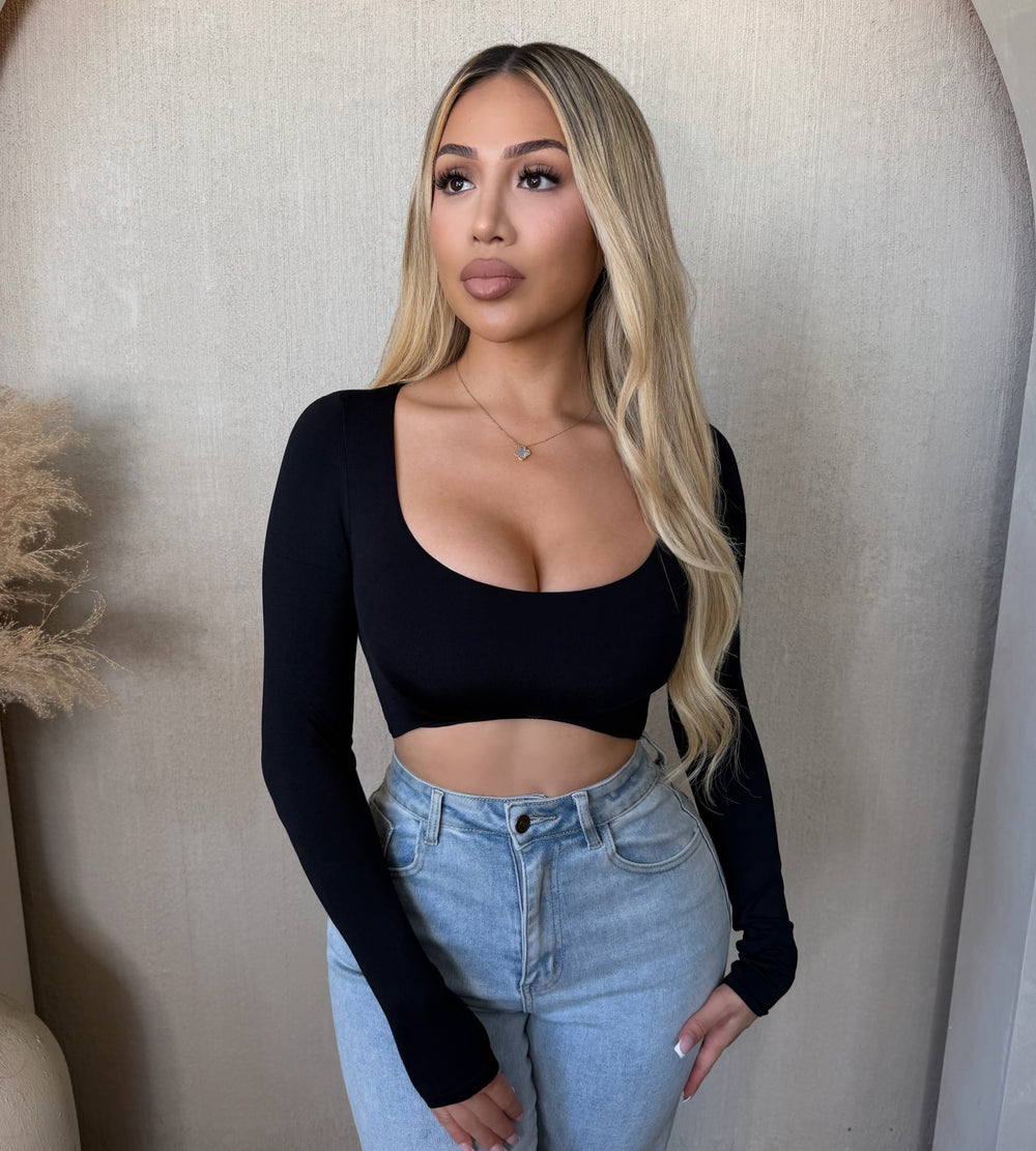 Angelica Deep Neck Long Sleeve Top (Black)