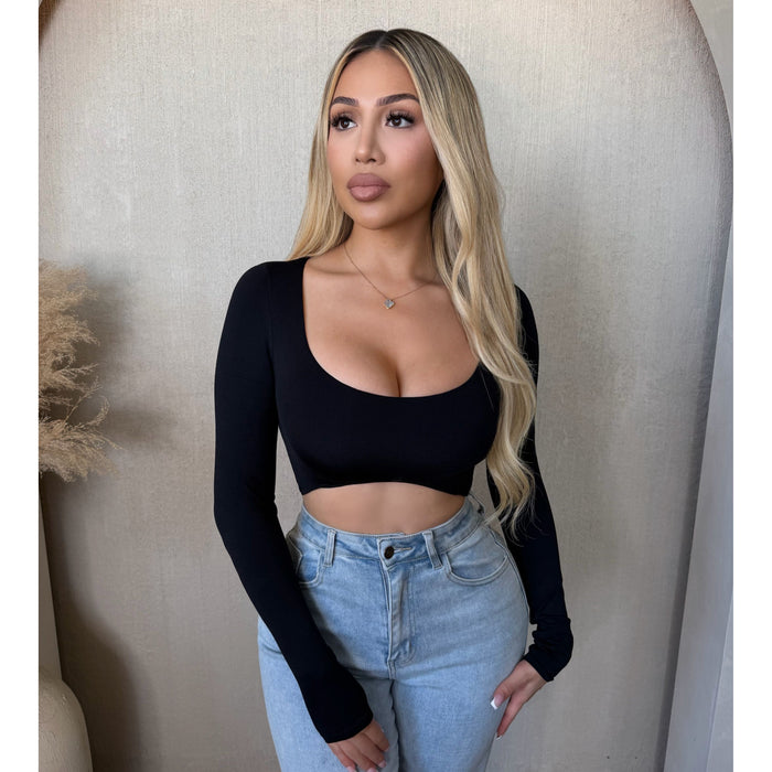 Angelica Deep Neck Long Sleeve Top (Black)