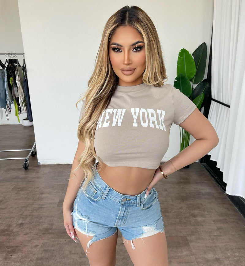 New York Cropped Tee(Taupe/Ivory)
