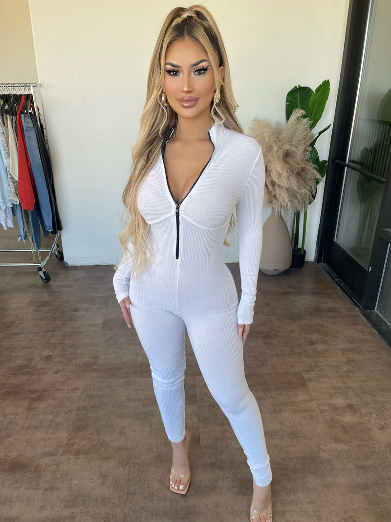 Angie Ribbed Zipper Jumpsuit(Off-White)